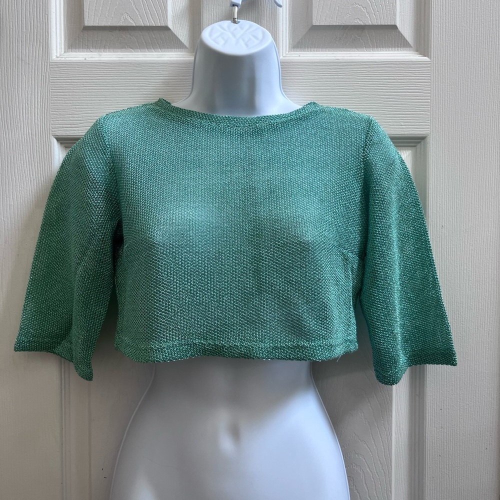 Carlucci Green Metallic Mesh Textured Chic Crop Top Size 4 Small